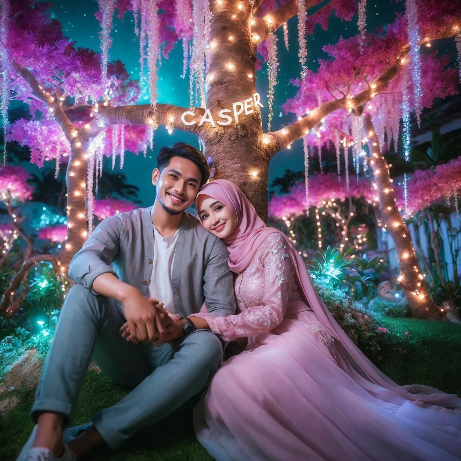 Indonesian romantic couple sitting in the garden of paradise, Extreme Close-up shot, macro, couple pose, photo shot, romantic style, hijab, tight hug, smilling, pink pastel skin tone, dreamy and romantic, there is writing from the tree branch "CASPER", night scene with the light of fireflies, a very beautiful view of a paradise garden, stunning fantasy, light of butterflies that decorated, bright lighting, bright faces, bokeh, Taken using Sony Alpha α7CR full-frame, UHD 1536px, high quality.