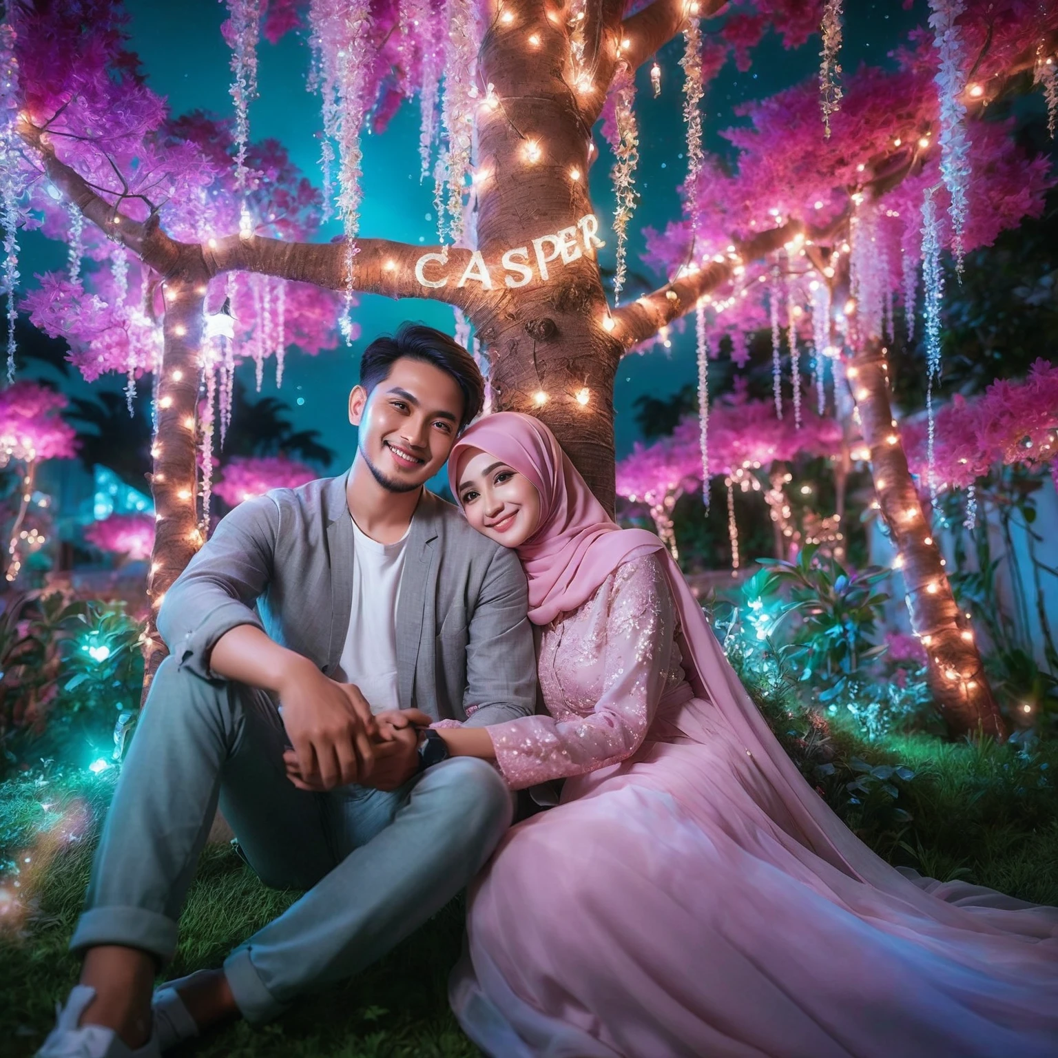 Indonesian romantic couple sitting in the garden of paradise, Extreme Close-up shot, macro, couple pose, photo shot, romantic style, hijab, tight hug, smilling, pink pastel skin tone, dreamy and romantic, there is writing from the tree branch "CASPER", night scene with the light of fireflies, a very beautiful view of a paradise garden, stunning fantasy, light of butterflies that decorated, bright lighting,   bright faces, bokeh, Taken using Sony Alpha α7CR full-frame, UHD 1536px, high quality.