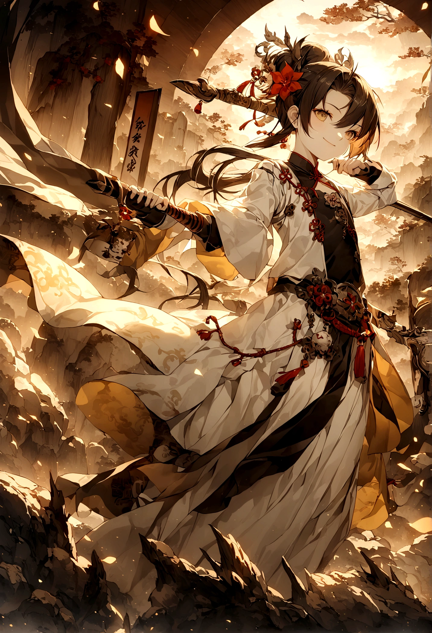 juvenile，male，16 years old，one person，grassland，cloud，((Shabby laundry))，Light-colored clothing，Carrying weapons，walk，Smile，((Chinese style))，Immortal World，Xianxia World