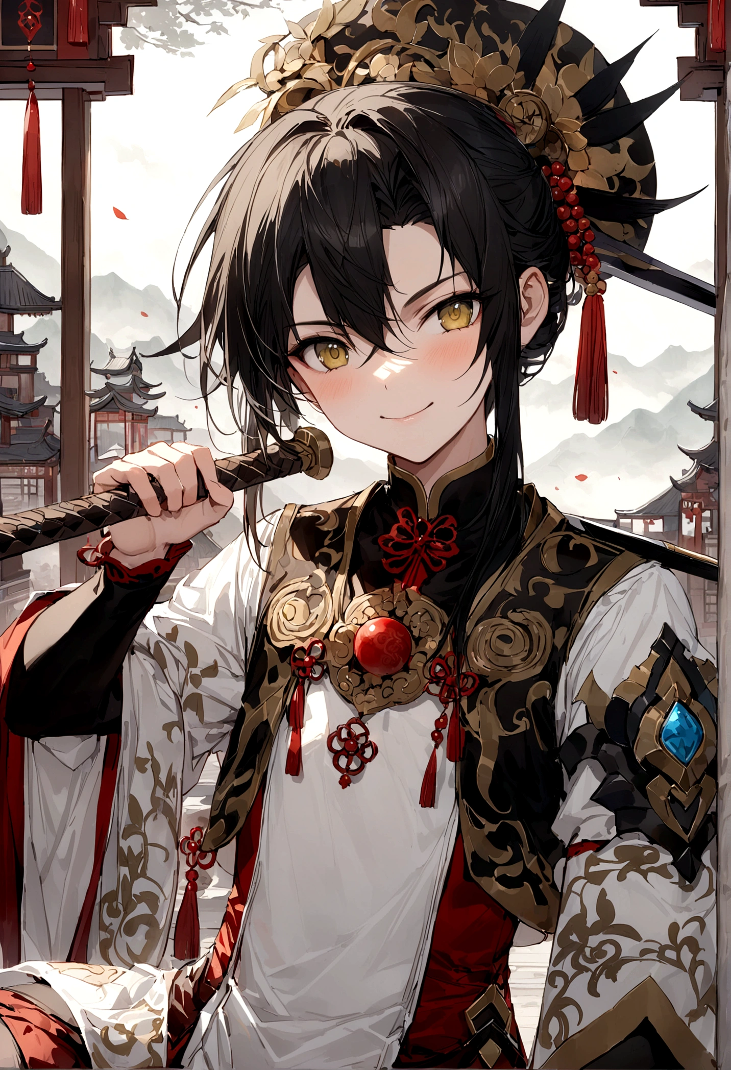 juvenile,male,,one person,grassland,cloud,((Shabby laundry)),Light-colored clothing,Carrying weapons,walk,Smile,((Chinese style)),Immortal World,Xianxia World