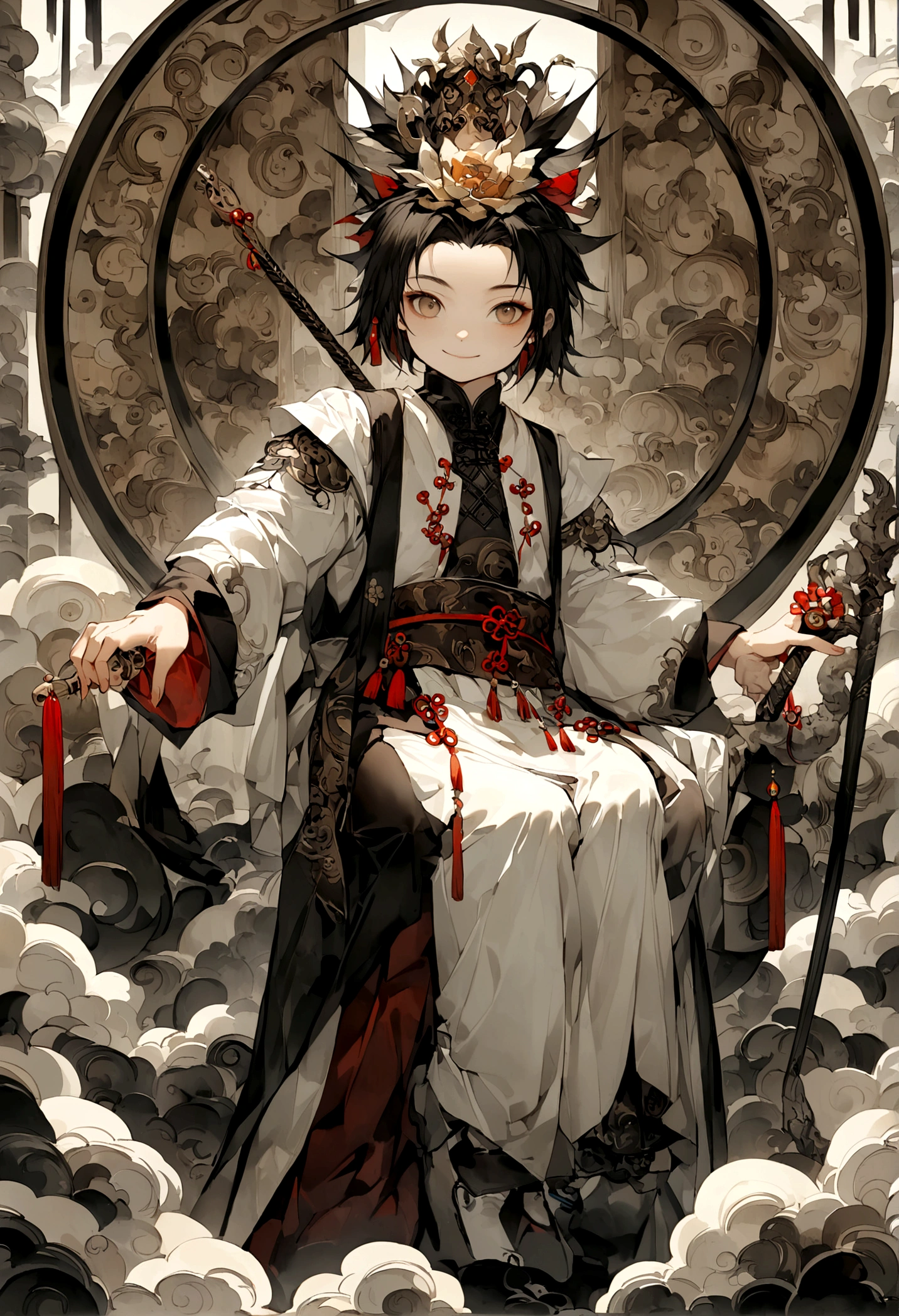 juvenile，male，16 years old，one person，grassland，cloud，((Shabby laundry))，Light-colored clothing，Carrying weapons，walk，Smile，((Chinese style))，Immortal World，Xianxia World