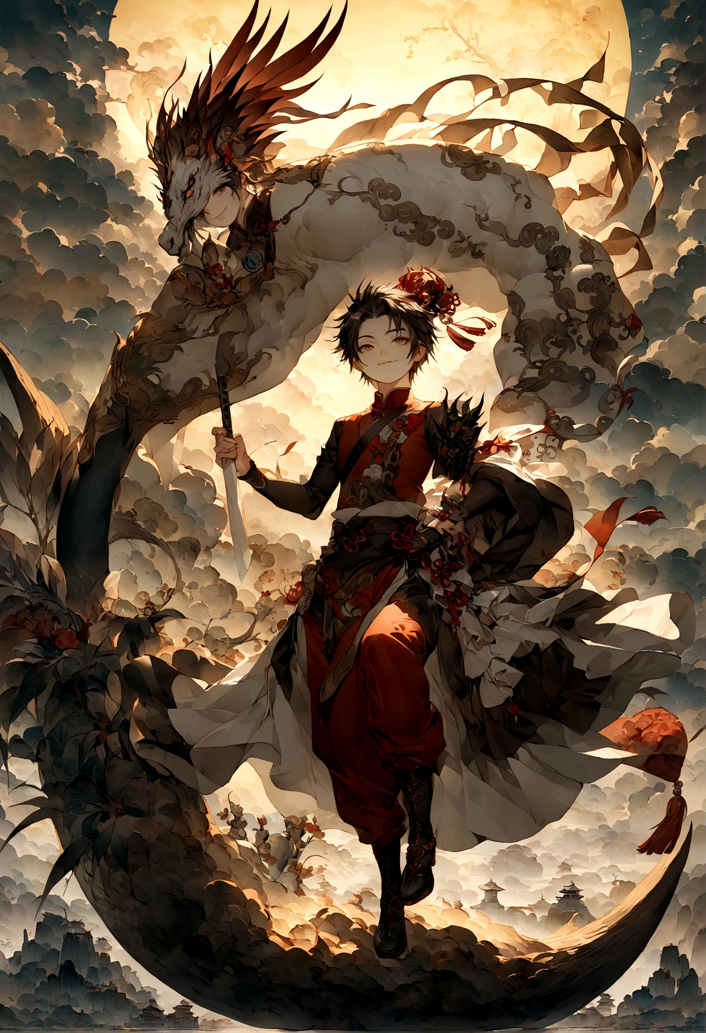 juvenile,male,16 years old,one person,grassland,cloud,((Shabby laundry)),Light-colored clothing,Carrying weapons,walk,Smile,((Chinese style)),Immortal World,Xianxia World