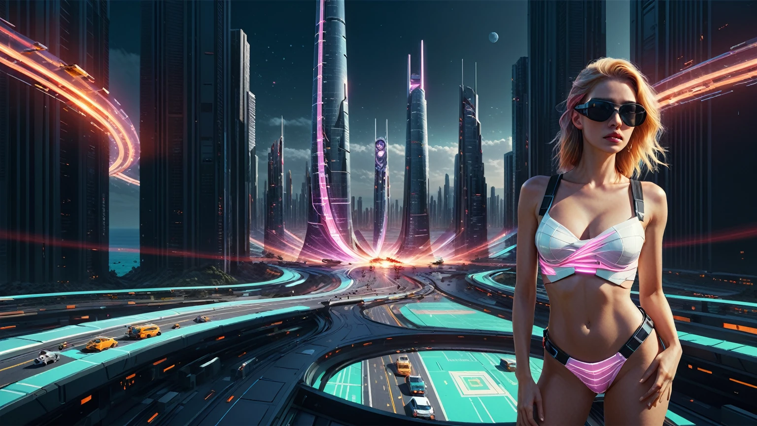 Brightly colored abstract aerial view image of a (((((futuristic helipad beside ocean))))) with a spiral, a (((futuristic all-glass train))) passing by, epic beautiful space sci-fi, chaotic cinematic space rift, Greg Beeple, Beeple and Tim Hildebrandt, Beeple and Jean Giraud, (((giant glass lion sculpture))), galaxy space sci-fi, ringworld, by Mike "Beeple" Winkelmann. Matrix style, (((Matrix cascading code))), (((a futuristic twin tower skyscraper with a unique twisted design))), (((OLED GUI interfaces in the building))), at night, (((((1girl, solo))))), photo realistic, (((((((large-:1.2 body, :1.4))))))), (((((off broken mini sling-shirt and black sling , extreamly short pleated  exposing ))))), (((((running pose))))), (((((((matrix style black micro sunglasses))))))), ((((((((((aiming with a short gun)))))))))), (((((looking at camera))))), (((very low view))), (((((half-body thigh level medium shot))))), (((cinematic lighting))).