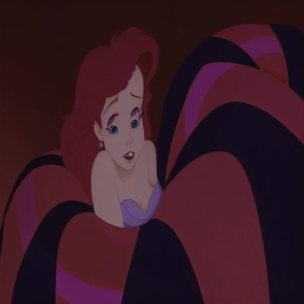 Araffe est allongé sur un lit avec une couverture rouge et noire, ariel the Petite Sirène, the  Sirène,  Sirène, Princesse Ariel, Ambiance Disney classique, animation disney 2d encore, capture d&#39;écran du film, Megara, jessica lapin, emma watson as jessica lapin, méchante de Disney, mais un regard sévère à son sujet, pose désespérée, taché », la nuit!