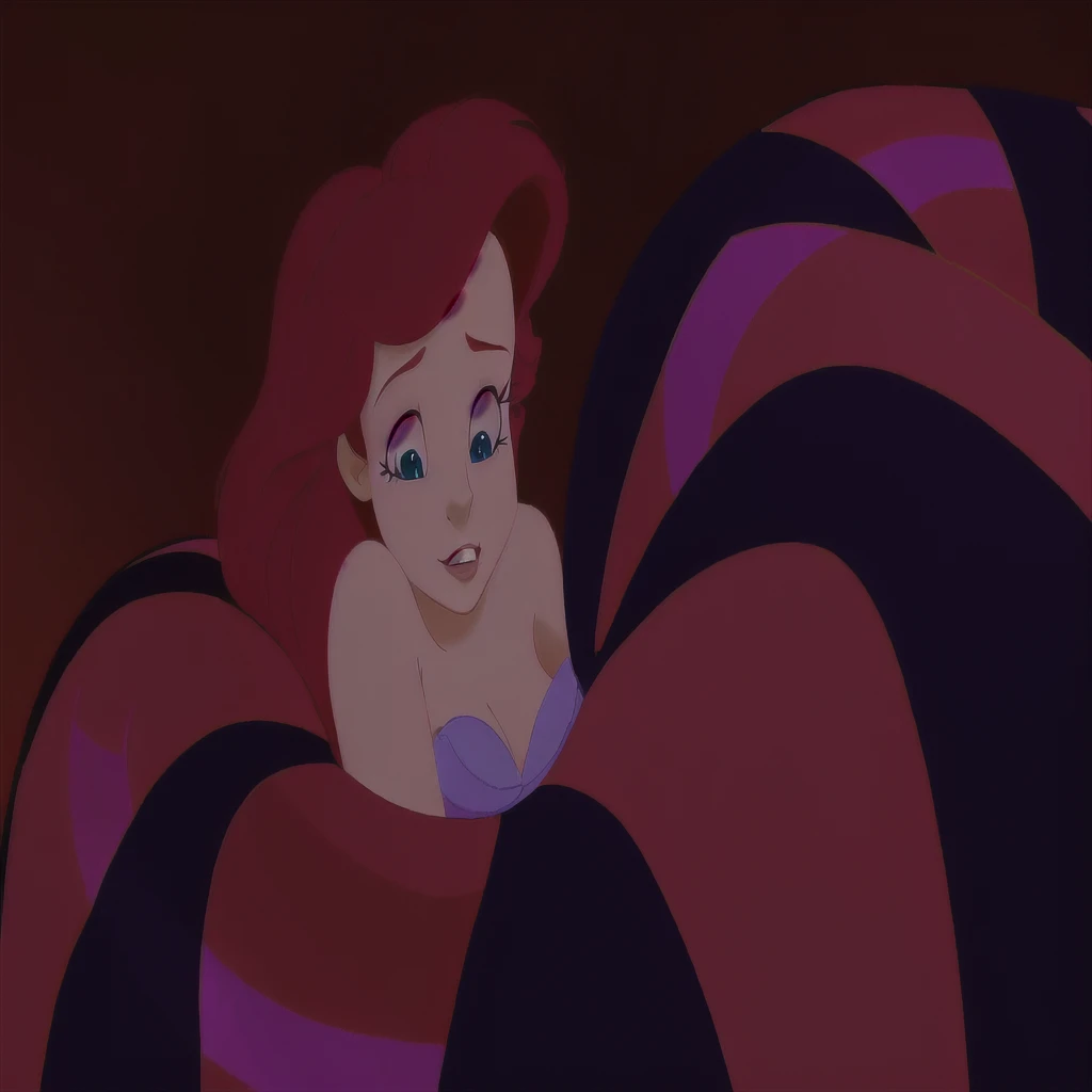 Araffe est allongé sur un lit avec une couverture rouge et noire, ariel the Petite Sirène, the Sirène, Sirène, Princesse Ariel, Ambiance Disney classique, animation disney 2d encore, capture d'écran du film, Megara, jessica lapin, emma watson as jessica lapin, méchante de Disney, mais un regard sévère à son sujet, pose désespérée, taché », la nuit!