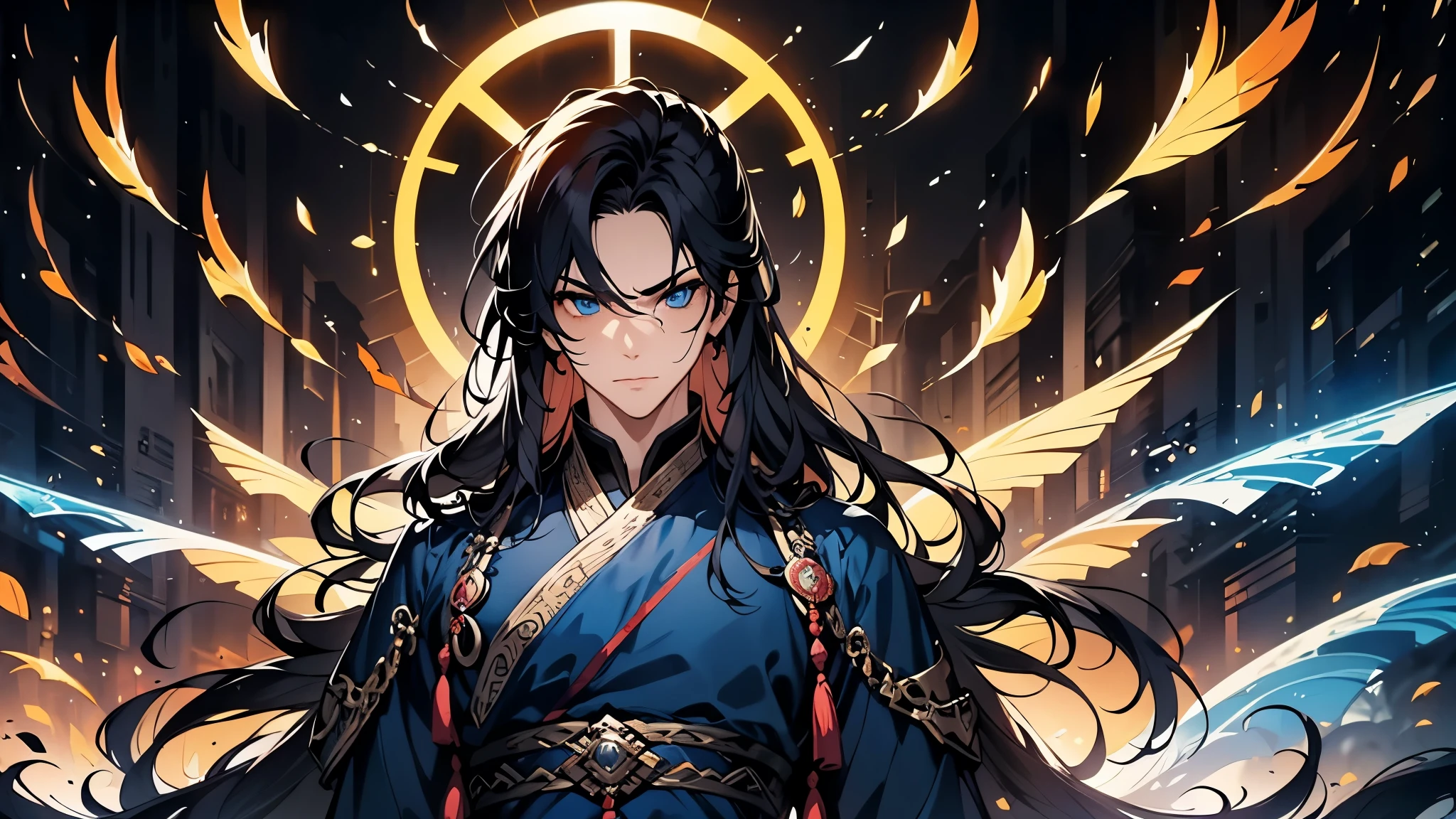 A man alone,There is a halo behind it,sacred,Correct proportions,Facial details,swordsman,Blue robe,Clothing details,transfer,Long sleeve,Game quality,fencing,Ray Tracing,Ray Tracing,Delicate glow,CG Rendering,Hair details,Black long hair,blue eyes,Handsome,Handsome,(The feeling of youth),The costumes are complicated,Perfect composition,Refinement,high quality,More details,Lots of details,Complex background,Sense of atmosphere,