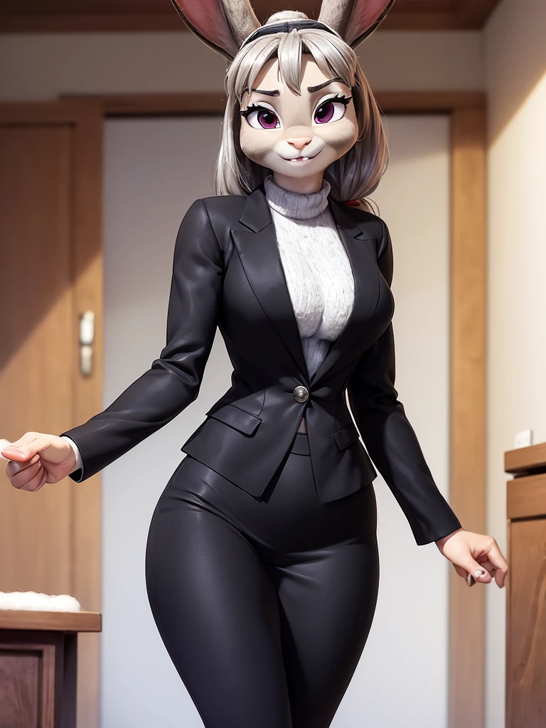 best quality, masterpiece, 3D anime, (((solo))), (((1girl))), ((Face is JudyHopps)), (long ears like a rabbit:0.8), Heir is in a black ponytail style, Body is human lady, Hers outfit is black business suit, She is wearing a tailored jacket over a white blouse, she is wearing a skirt, (the suit is made of wool:1.4), ((skin is silver with fluffy and fluffy)), (portrait view), In the background there is a office space, ((Her expression shows a fresh fresh smile))