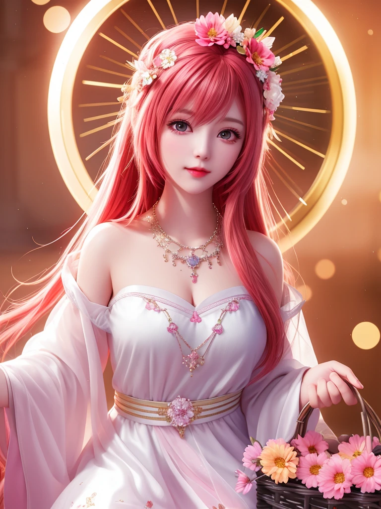 best quality, masterpiece, High target, There is a girl with a basket of flowers on her head, beautiful clothes, Hair Decorationss, necklace, Decorations, Pretty Face, When the body, Tyndall effect, Realistic Portraits, Edge lighting, Two-color light, (Very delicate skin:1.2), 8K uhd, Digital SLR Camera, Soft Light, high quality, Volumetric Lighting, Honest, photo, high resolution, 4K, 8K, Bokeh,Fuchsia hair,Orange hair tips, Pink Eyes.