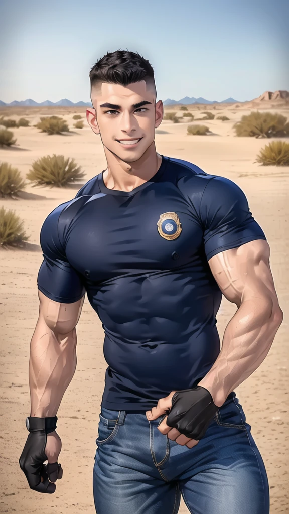 1 man,(Skinheads hairstyles) ,black eye,(Wear a fitted round neck t-shirt in navy with a police badge.:1.3),(fit neck),Navy blue jeans,(black_gloves), Korean guy,chest muscles,large arm muscles,blood vessel,Big muscles,Broad shoulders, smile, middle of the road,(In the desert:1.2),(full_shot:1.6),(In the Doughnut shop:1.2),