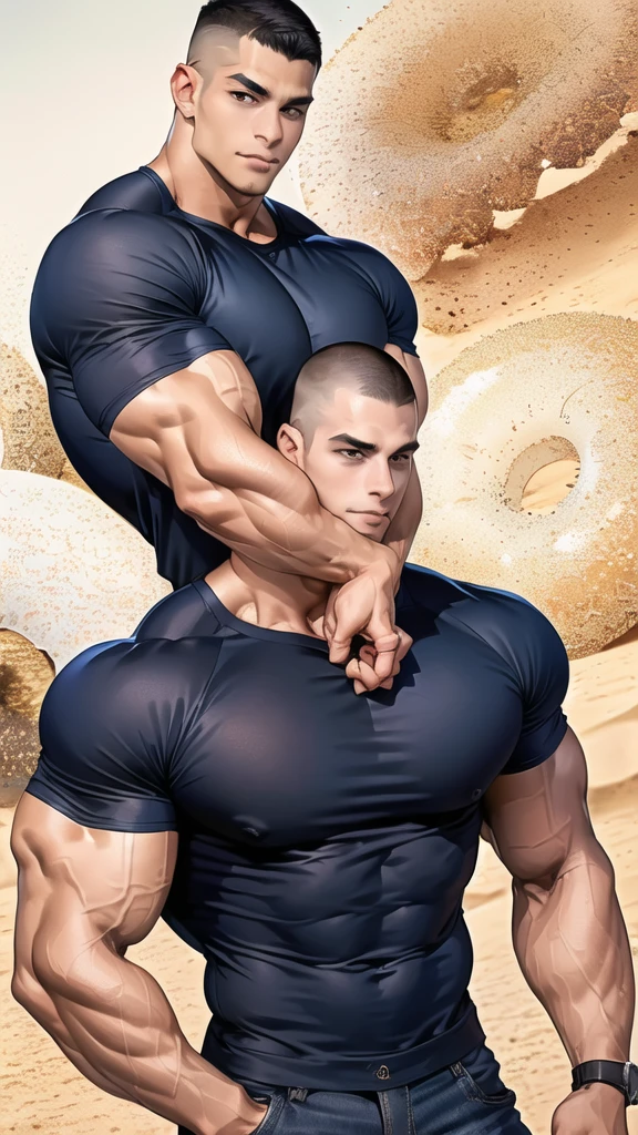 1 man,(Skinheads hairstyles) ,black eye,(Wear a fitted round neck t-shirt in navy with a police badge.:1.3),(fit neck),Navy blue jeans,(black_gloves), Korean guy, muscles,large arm muscles,blood vessel,Big muscles,Broad shoulders, smile, middle of the road,(In the desert:1.2),(full_shot:1.6),(In the Doughnut shop:1.2),