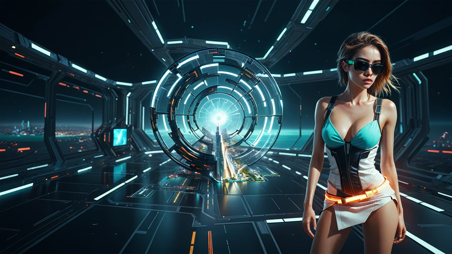 Brightly colored abstract aerial view image of a (((((futuristic helipad beside ocean))))) with a spiral, a (((futuristic all-glass train))) passing by, epic beautiful space sci-fi, chaotic cinematic space rift, Greg Beeple, Beeple and Tim Hildebrandt, Beeple and Jean Giraud, (((giant glass lion sculpture))), galaxy space sci-fi, ringworld, by Mike "Beeple" Winkelmann. Matrix style, (((Matrix cascading code))), (((a futuristic twin tower skyscraper with a unique twisted design))), (((OLED GUI interfaces in the building))), at night, (((((1girl, solo))))), photo realistic, (((((((large-breast:1.2 body, cleavage:1.4))))))), (((((off broken mini sling-shirt and black sling , extreamly short pleated  exposing ))))), (((((running pose))))), (((((((matrix style black micro sunglasses))))))), ((((((((((aiming with a short gun)))))))))), (((((looking at camera))))), (((very low view))), (((((half-body thigh level medium shot))))), (((cinematic lighting))).