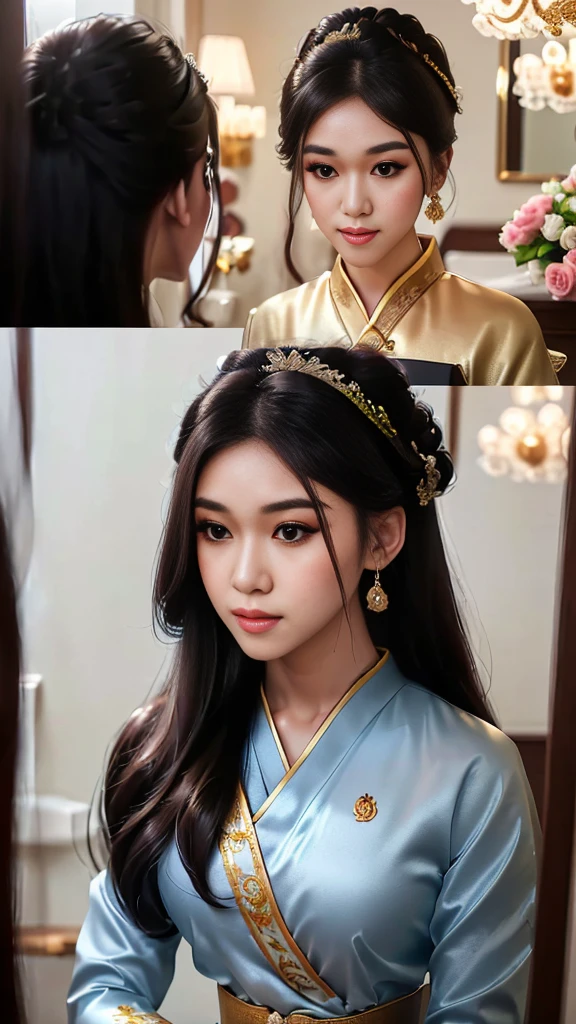 masterpiece, highest quality, HDR, high contrast, ((beautiful girl, Thai Female Soldier)), bun hair, highly detailed lips, detailed eyes, double eyelid, Make-up face. ((flchut thai dresses, strapless shirts)), just showing his face. pretty face. captivating. make-up face. long eyelashes, just showing his face. pretty face. captivating. make-up face. long eyelashes, just showing his face. pretty face. captivating. make-up face. long eyelashes, ((in front of the make-up mirror))