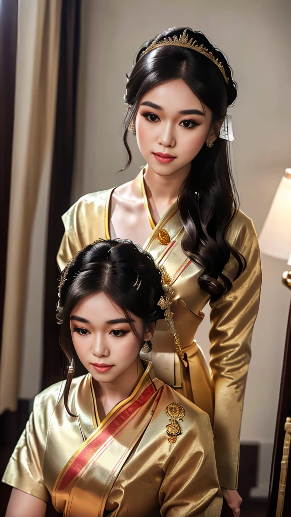 masterpiece, highest quality, HDR, high contrast, ((beautiful girl, Thai Female Soldier)), bun hair, highly detailed lips, detailed eyes, double eyelid, Make-up face. ((flchut thai dresses, strapless shirts)), just showing his face. pretty face. captivating. make-up face. long eyelashes, just showing his face. pretty face. captivating. make-up face. long eyelashes, just showing his face. pretty face. captivating. make-up face. long eyelashes, ((in front of the make-up mirror))
