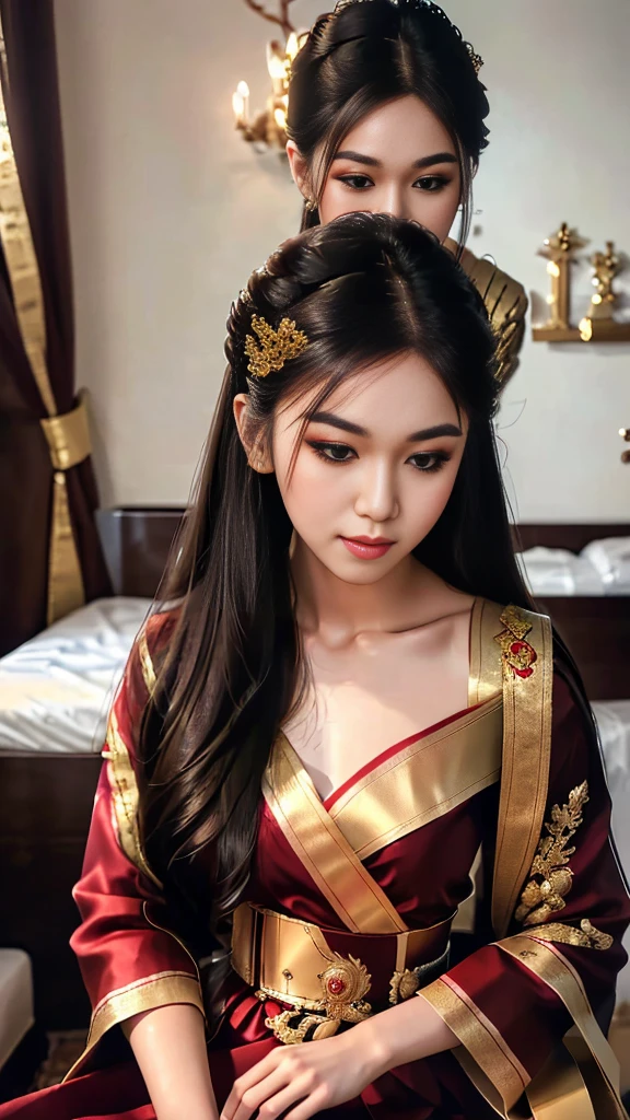 masterpiece, highest quality, HDR, high contrast, ((beautiful girl, Thai Female Soldier)), bun hair, highly detailed lips, detailed eyes, double eyelid, Make-up face. ((flchut thai dresses, strapless shirts)), just showing his face. pretty face. captivating. make-up face. long eyelashes, just showing his face. pretty face. captivating. make-up face. long eyelashes, just showing his face. pretty face. captivating. make-up face. long eyelashes, ((in front of the make-up mirror))