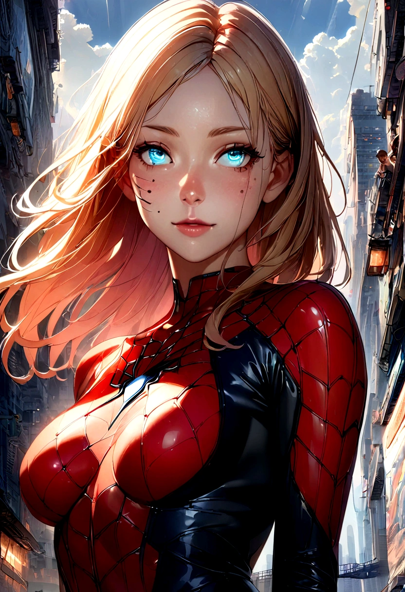 (1 girl:1.3), Alone, (((Very detailed face)))), ((Very detailed eyes and face.)))), beautifuls detalles ojos, body parts__, Official Art, unified 8k wallpaper, super detailed, beautiful and beautiful, beautiful, Masterpiece, Best Quality, Original, Masterpiece, super fine photo, Best Quality, super high resolution, realistic realism, sunlight, Full length portrait, extraordinary beauty, dynamic pose, delicate face, vibrant eyes, (FROM THE FRONT), He wears a Spider-Man suit., red and black color scheme, spider, fondo muy detallado del Ceiling de la ciudad, Ceiling, with city views, detailed face, detailed complex busy background, disordered, gorgeous, milky white, very detailed skin, realistic skin details, visible pores, clear focus, volumetric fog, 8k hd, DSLR, high quality, film grain, White skin, photographic realism, lomography, Futuristic dystopian megalopolis, translucent