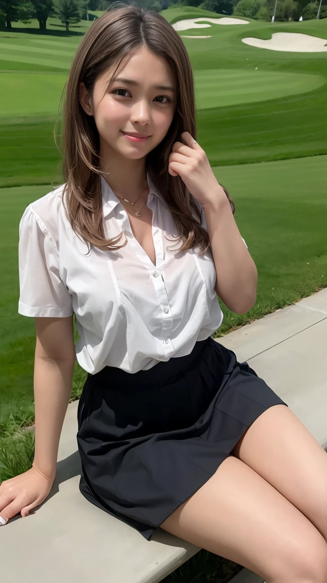 a woman poses for a photo, shy smile, happy, long hair, straight hair, thin skin, beautiful hands, beautiful fingers, pleated skirt, hips, absolute area, golf courses, During the day, hot summer day, school, schoolyard, sitting on a bench, daylight, detailed face:1.2, sharp focus, Hasselblad Photography, masterpiece, light makeup, Cinematic lighting, 4K, top quality, Sharpness, whole body, Canned juice, Legs up, transparent blouse
