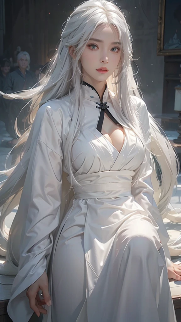 high resolution, 1womanl, Solo, Hips up, view the viewer, (Detailed face), White hair, Long hair, taoist robe,Oversized clothes, jewelry, midjourney portrait