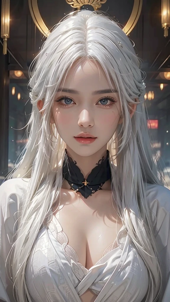 a beautiful detailed woman with long white hair, , looking at the viewer, (detailed face), high resolution, photorealistic, Taoist