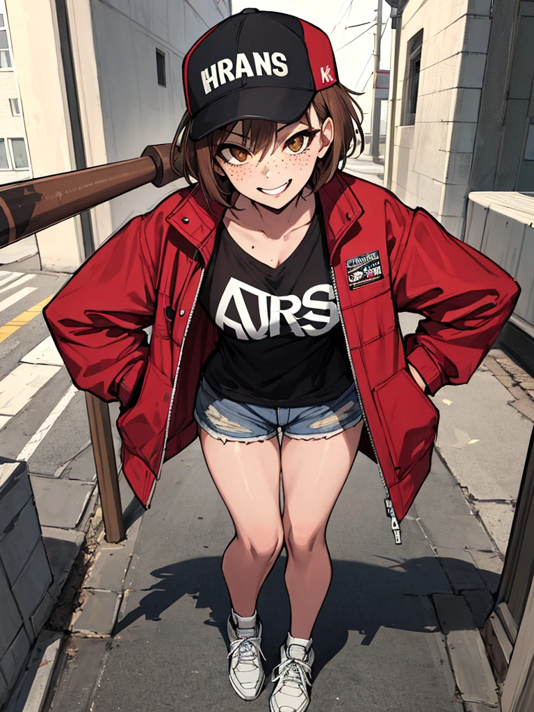 (absurdres, 8k, 4k, masterpiece, hyper extreme detailed:1.2), solo, 1girl, front view, perfect face, 1girl, portrait, looking at viewer, solo, standing, Female, Mature Female, expressive eyes, perfect face, brown hair, short hair, messy hair, smug, wide smile, wide eyes, street clothes, black shirt, red jacket, freckles, brown eyes, mouth open, wide smile, best anatomy, standing, full body, streetwear, dirty, messy, baseball bat, ball cap, open jacket, rugged, torn shorts, jean shorts, ripped shorts, ripped shirt, sneakers, crazy face, crazy eyes, crazy smile,