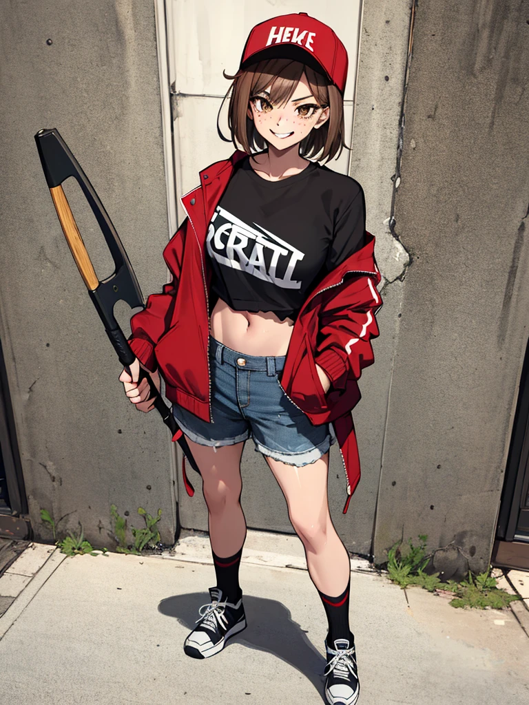 (absurdres, 8k, 4k, masterpiece, hyper extreme detailed:1.2), solo, 1girl, front view, perfect face, 1girl, portrait, looking at viewer, solo, standing, Female, Mature Female, expressive eyes, perfect face, brown hair, short hair, messy hair, smug, wide smile, wide eyes, street clothes, black shirt, red jacket, freckles, brown eyes, mouth open, wide smile, best anatomy, standing, full body, streetwear, dirty, messy, baseball bat, ball cap, open jacket, rugged, torn shorts, jean shorts, ripped shorts, ripped shirt, sneakers, crazy face, crazy eyes, crazy smile,