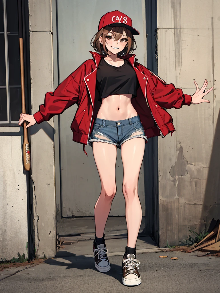 (absurdres, 8k, 4k, masterpiece, hyper extreme detailed:1.2), solo, 1girl, front view, perfect face, 1girl, portrait, looking at viewer, solo, standing, Female, Mature Female, expressive eyes, perfect face, brown hair, short hair, messy hair, smug, wide smile, wide eyes, street clothes, black shirt, red jacket, freckles, brown eyes, mouth open, wide smile, best , standing, full body, streetwear, dirty, messy, baseball bat, ball cap, , rugged, torn shorts, jean shorts, ripped shorts, ripped shirt, sneakers, crazy face, crazy eyes, crazy smile, 