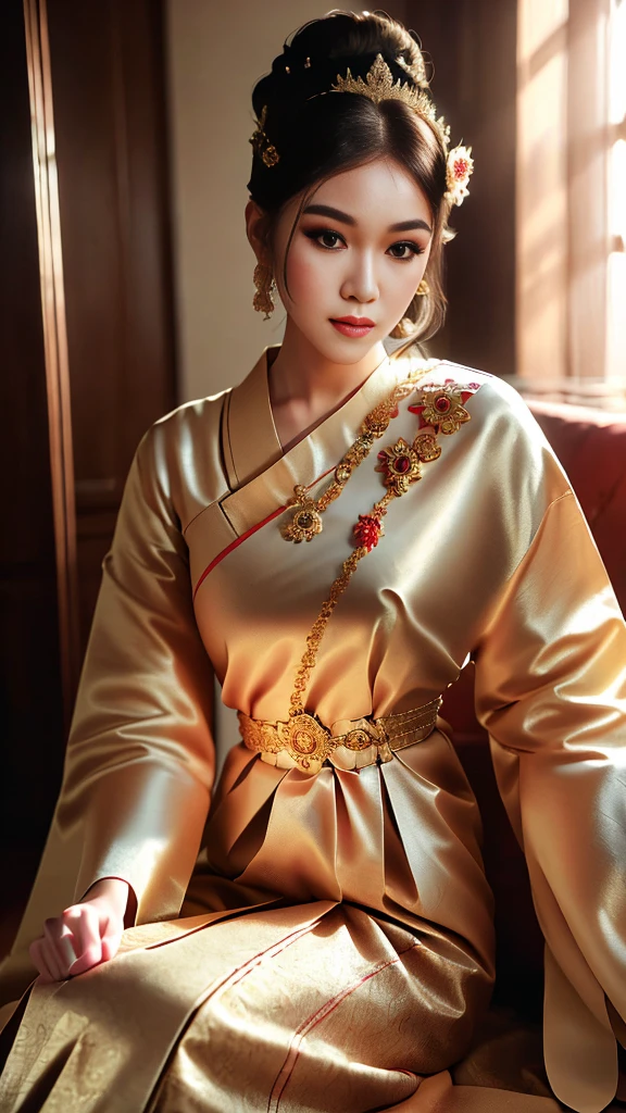 masterpiece, highest quality, HDR, high contrast, ((beautiful girl, Thai Female Soldier)), bun hair, highly detailed lips, detailed eyes, double eyelid, Make-up face. ((flchut thai dresses, strapless shirts)), just showing his face. pretty face. captivating. make-up face. long eyelashes, just showing his face. pretty face. captivating. make-up face. long eyelashes, just showing his face. pretty face. captivating. make-up face. long eyelashes, ((in front of the make-up mirror))