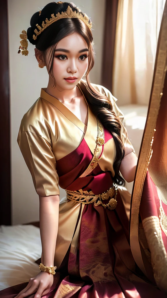 masterpiece, highest quality, HDR, high contrast, ((beautiful girl, Thai Female Soldier)), bun hair, highly detailed lips, detailed eyes, double eyelid, Make-up face. ((flchut thai dresses, strapless shirts)), just showing his face. pretty face. captivating. make-up face. long eyelashes, just showing his face. pretty face. captivating. make-up face. long eyelashes, just showing his face. pretty face. captivating. make-up face. long eyelashes, ((in front of the make-up mirror))