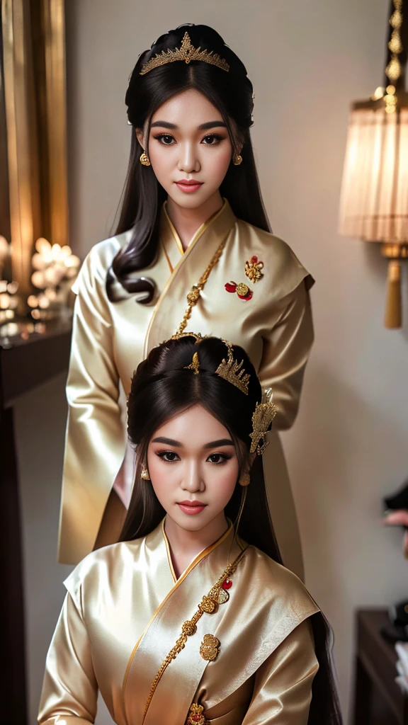 masterpiece, highest quality, HDR, high contrast, ((beautiful girl, Thai Female Soldier)), bun hair, highly detailed lips, detailed eyes, double eyelid, Make-up face. ((flchut thai dresses, strapless shirts)), just showing his face. pretty face. captivating. make-up face. long eyelashes, just showing his face. pretty face. captivating. make-up face. long eyelashes, just showing his face. pretty face. captivating. make-up face. long eyelashes, ((in front of the make-up mirror))