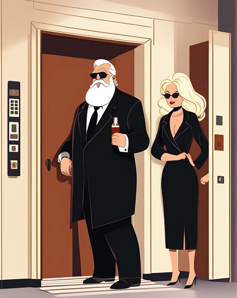  underground elevator escape rusty, an old fat white hair and beard, mafia boss wearing a black suite, with his blond wife who wears a black dress smoking cigar, clicks the elevator bouton to open the door, 