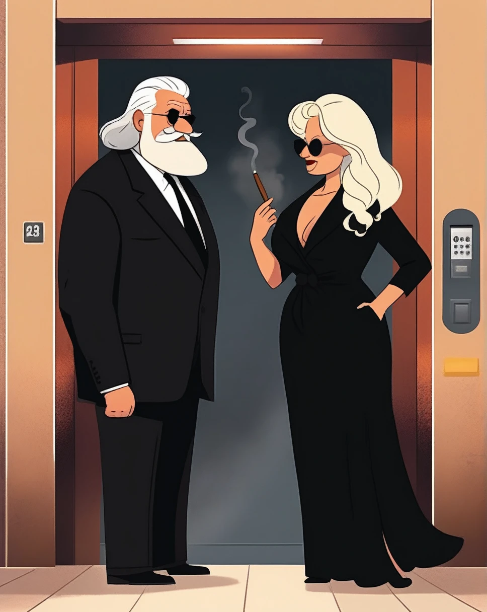  underground elevator escape rusty, an old fat white hair and beard, mafia boss wearing a black suite, with his blond wife who wears a black dress smoking cigar, clicks the elevator bouton to open the door, 