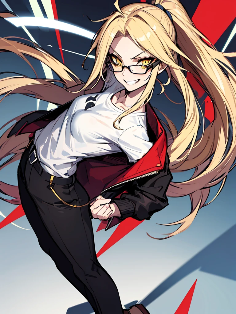 (absurdres, 8k, 4k, masterpiece, hyper extreme detailed:1.2), solo, 1girl, side view, perfect face, 1girl, portrait, looking at viewer, solo, standing, Female, Mature Female, evil eyes, female, small boobs, yellow eyes, sharp eyes, wide smile, blonde hair, ponytail, black suit, dress pants, perfect hands, fair skin, dot pupils, "constricted pupils, small pupils", perfect anatomy, correct anatomy, evil, casualwear, graphic t-shirt, shorts, open jacket, long hair, flowing hair, messy hair, swept bangs, hair covering forehead, standing, hands on hips, office background, grin, smirk, sharp, dangerous, bloody, menacing, malicious, chaotic, full body, expressive eyes, perfect eyes, 1girl, small bust, pale, confident, sarcastic, glasses, facing forward, forward view, crazy face, crazy eyes, crazy smile, office background, blue sky, charismatic, flirty, manipulative, shorts