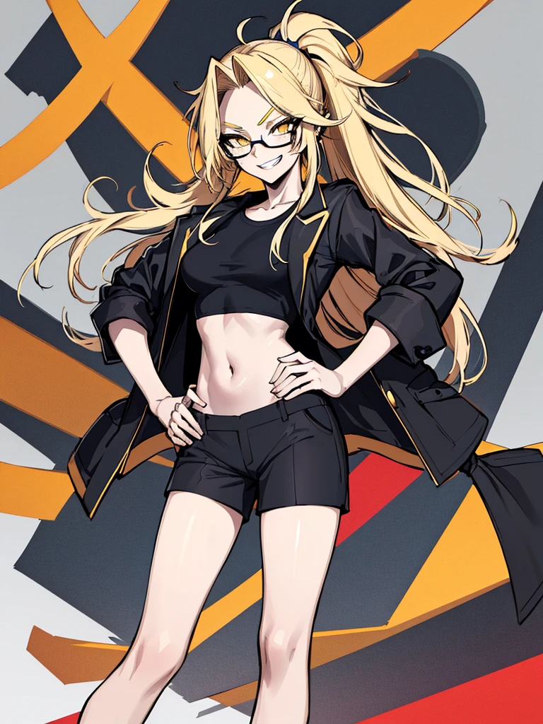 (absurdres, 8k, 4k, masterpiece, hyper extreme detailed:1.2), solo, 1girl, side view, perfect face, 1girl, portrait, looking at viewer, solo, standing, Female, Mature Female, evil eyes, female, small boobs, yellow eyes, sharp eyes, wide smile, blonde hair, ponytail, black suit, dress pants, perfect hands, fair skin, dot pupils, "constricted pupils, small pupils", perfect anatomy, correct anatomy, evil, casualwear, graphic t-shirt, shorts, open jacket, long hair, flowing hair, messy hair, swept bangs, hair covering forehead, standing, hands on hips, office background, grin, smirk, sharp, dangerous, bloody, menacing, malicious, chaotic, full body, expressive eyes, perfect eyes, 1girl, small bust, pale, confident, sarcastic, glasses, facing forward, forward view, crazy face, crazy eyes, crazy smile, office background, blue sky, charismatic, flirty, manipulative, shorts