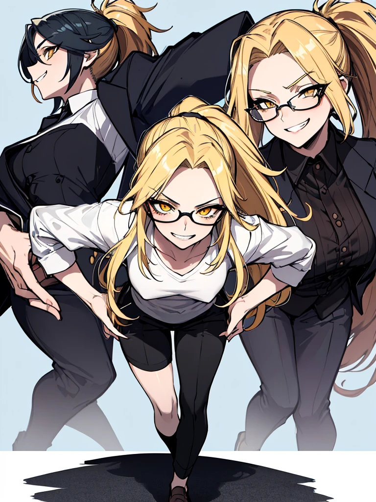 (absurdres, 8k, 4k, masterpiece, hyper extreme detailed:1.2), solo, 1girl, side view, perfect face, 1girl, portrait, looking at viewer, solo, standing, Female, Mature Female, evil eyes, female, small , yellow eyes, sharp eyes, wide smile, blonde hair, ponytail, black suit, dress pants, perfect hands, fair skin, dot pupils, "constricted pupils, small pupils", perfect , correct , evil, casualwear, graphic t-shirt, shorts, , long hair, flowing hair, messy hair, swept bangs, hair covering forehead, standing, hands on , office background, grin, smirk, sharp, dangerous, bloody, menacing, malicious, chaotic, full body, expressive eyes, perfect eyes, 1girl, small , pale, confident, sarcastic, glasses, facing forward, forward view, crazy face, crazy eyes, crazy smile, office background, blue sky, charismatic, flirty, manipulative, shorts