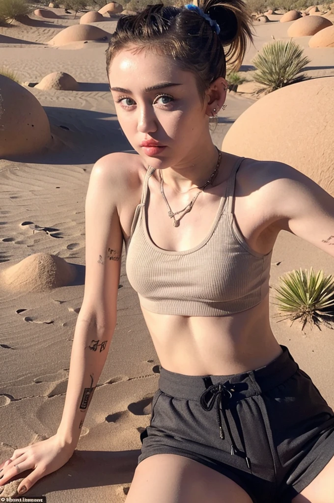 Miley Cyrus, personality, hair tied in a high ponytail, wearing a cropped tank top and shorts, sitting and posing seductively in the desert