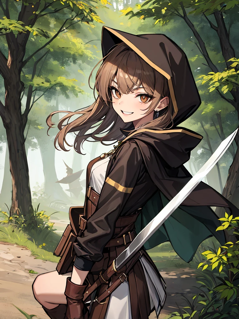 (absurdres, 8k, 4k, masterpiece, hyper extreme detailed:1.2), solo, 1girl, side view, perfect face, 1girl, portrait, looking at viewer, solo, standing, Female, toned body, mature female, small breasts, pale, brown hair, messy hair, enthusiastic, fun, tomboy, swept bangs, archer, smirk, medium body, crazy face, crazy smile, crazy eyes, wind, windy hair, moving hair, wearing a hood, archer outfit, reckless, medium hair, adventurous, ranger clothing, confident, fearless, expressive, rugged, dirty, bow, medieval, Wrist Blade, knife, cloak, quiver, knee boots, gloves, fantasy, magic, forest background, brown eyes, dot pupils, brown tunic, wild hair, blade in sleeve, shadows, hood, hooded, mask, face mask, standing, belts, cuffs, necklace, 