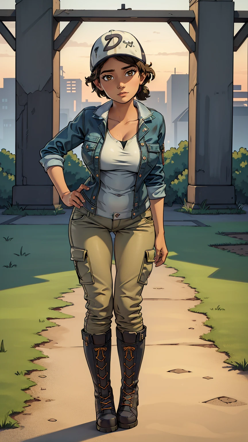 ((masterpiece, best quality)),(complex lighting) ,solo,(((1girl))) ,clementine, light skin,light-skinned female, baseball cap, green cargo pants, brown eyes, tight pants, combat boots, shirt, short hair, one short ponytail, open denim jacket, huge butt, thicc butt , (((8k))), (((full body))), (((bent over))), (((looking at the viewer))), (((view from in front of her))), big breasts