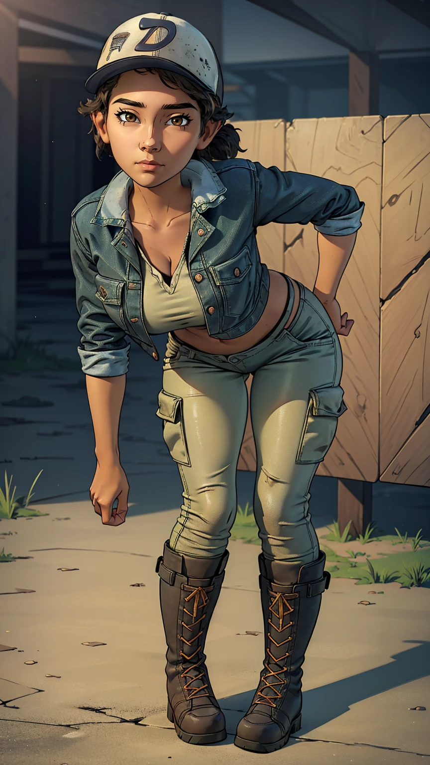 ((masterpiece, best quality)),(complex lighting) ,solo,(((1girl))) ,clementine, light skin,light-skinned female, baseball cap, green cargo pants, brown eyes, tight pants, combat boots, shirt, short hair, one short ponytail, open denim jacket, huge butt, thicc butt , (((8k))), (((full body))), (((bent over))), (((looking at the viewer))), (((view from in front of her))), big breasts