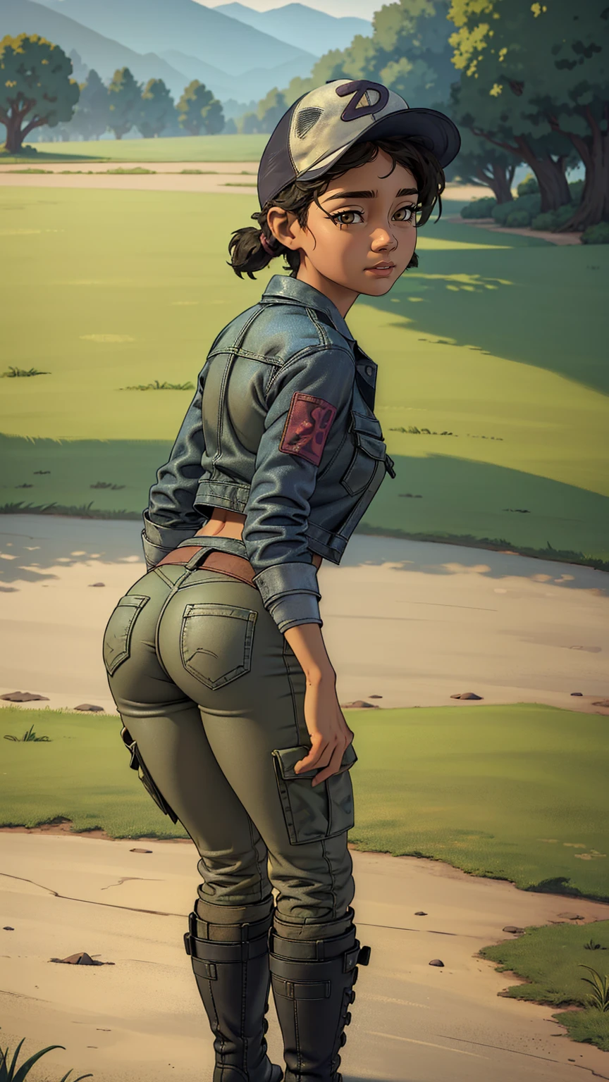 ((masterpiece, best quality)),(complex lighting) ,solo,(((1girl))) ,clementine, light skin,light-skinned female, baseball cap, green cargo pants, brown eyes, tight pants, combat boots, shirt, short hair, one short ponytail, open denim jacket, huge butt, thicc butt , (((8k))), (((full body))), (((bent over))), (((looking at the viewer))), (((view from in front of her))), big breasts