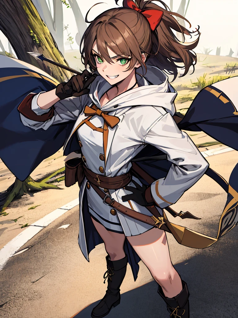 (absurdres, 8k, 4k, masterpiece, hyper extreme detailed:1.2), solo, 1girl, side view, perfect face, 1girl, portrait, looking at viewer, solo, standing, Female, toned body, mature female, small breasts, pale, brown hair, messy hair, enthusiastic, fun, tomboy, green eyes, swept bangs, archer, smirk, medium body, tomboy, crazy face, crazy smile, crazy eyes, wind, windy hair, moving hair, wearing a hood, archer outfit, reckless, medium hair, adventurous, ranger clothing, confident, pirate coat, eyepatch, fearless, expressive, rock, background, rugged, dirty, left hand holding bow, right hand on hip, medieval, crossbow, arm bow, hidden blade, knife, cloak, quiver, arrows, long boots, gloves, fantasy, magic, forest, brown eyes, dot pupils, brown tunic, messy hair, wild hair, aiming, blade in sleeve, shadows, 