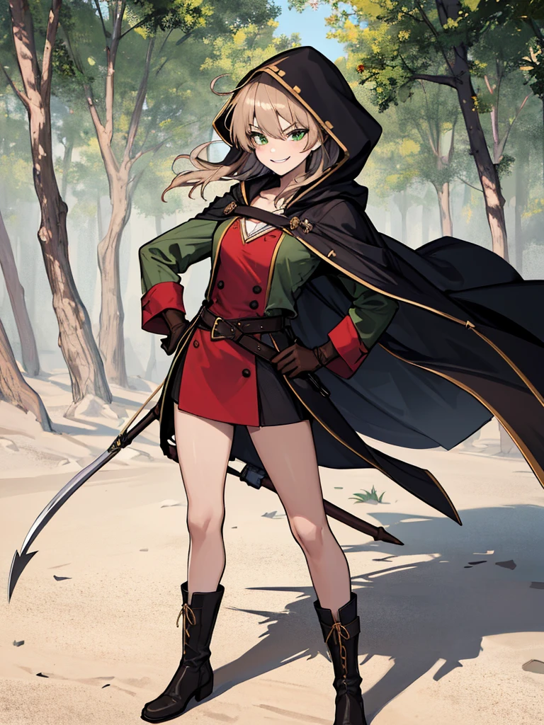 (absurdres, 8k, 4k, masterpiece, hyper extreme detailed:1.2), solo, 1girl, side view, perfect face, 1girl, portrait, looking at viewer, solo, standing, Female, toned body, mature female, small ???????, pale, brown hair, messy hair, enthusiastic, fun, tomboy, green eyes, swept bangs, archer, smirk, medium body, tomboy, crazy face, crazy smile, crazy eyes, wind, windy hair, moving hair, wearing a hood, archer outfit, reckless, medium hair, adventurous, ranger clothing, confident, pirate coat, eyepatch, fearless, expressive, rock, background, rugged, dirty, left hand holding bow, right hand on hip, medieval, crossbow, arm bow, hidden blade, knife, cloak, quiver, arrows, long boots, gloves, fantasy, magic, forest, brown eyes, dot pupils, brown tunic, messy hair, wild hair, aiming, blade in sleeve, shadows, 