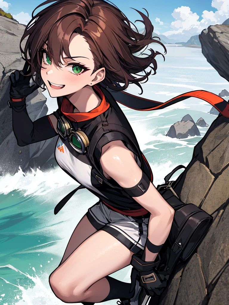 (absurdres, 8k, 4k, masterpiece, hyper extreme detailed:1.2), solo, 1girl, side view, perfect face, 1girl, portrait, looking at viewer, solo, standing, Female, toned body, mature female, medium breasts, pale, auburn hair, messy hair, enthusiastic, fun, tomboy, green eyes, swept bangs, streetwear, smirk, medium body, tomboy, crazy face, crazy smile, crazy eyes, wind, windy hair, moving hair, bandages, gauze, reckless, short hair, adventurous, loose clothes, baggy clothes, confident, gloves, goggles, fearless, expressive, rock climbing, ropes, rocks, cliff, tethers, helmet, knee pads, gloves, climbing, athletic, rugged, dirty,