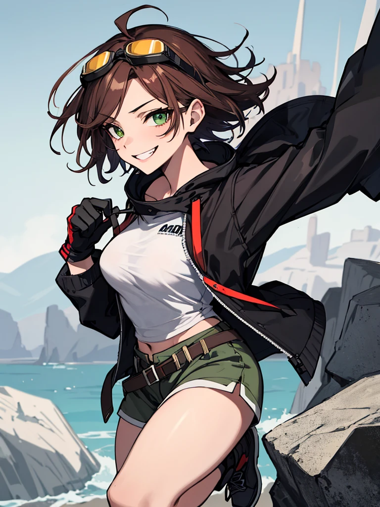 (absurdres, 8k, 4k, masterpiece, hyper extreme detailed:1.2), solo, 1girl, side view, perfect face, 1girl, portrait, looking at viewer, solo, standing, Female, toned body, mature female, medium breasts, pale, auburn hair, messy hair, enthusiastic, fun, tomboy, green eyes, swept bangs, streetwear, smirk, medium body, tomboy, crazy face, crazy smile, crazy eyes, wind, windy hair, moving hair, bandages, gauze, reckless, short hair, adventurous, loose clothes, baggy clothes, confident, gloves, goggles, fearless, expressive, rock climbing, ropes, rocks, cliff, tethers, helmet, knee pads, gloves, climbing, athletic, rugged, dirty,