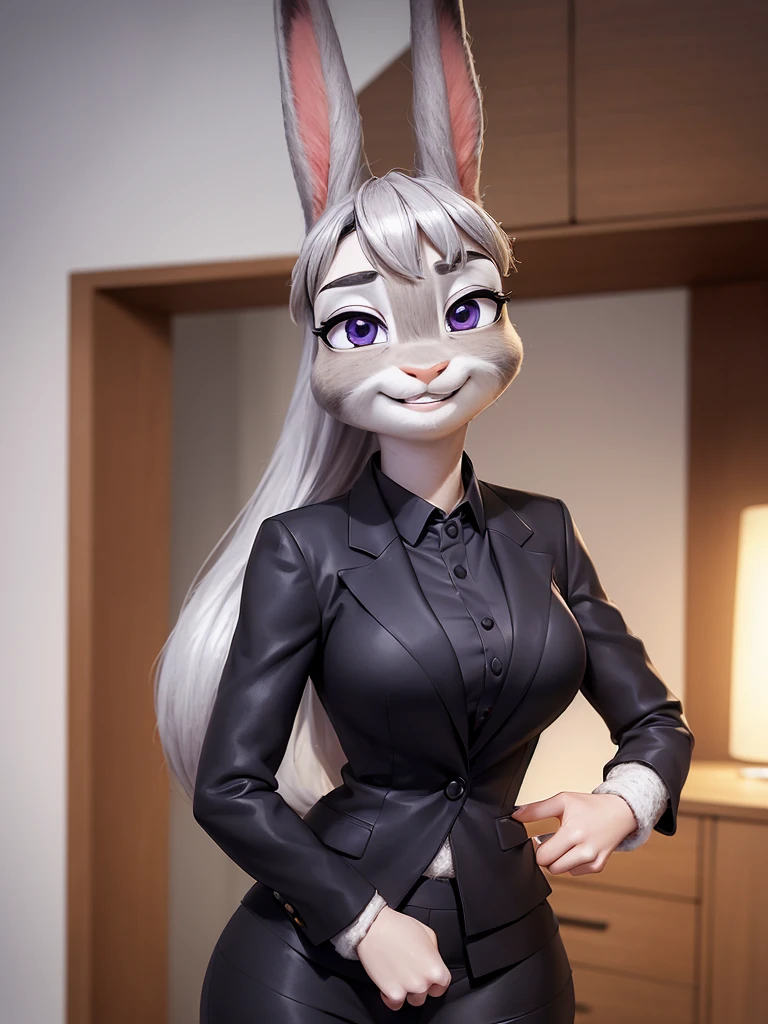 best quality, masterpiece, 3D anime, (((solo))), (((1girl))),  ((Face is JudyHopps)), (long ears like a rabbit:0.8), Heir is in a black ponytail style, Body is human lady, 	Hers outfit is black business suit, She is wearing a tailored jacket over a white blouse, she is wearing a skirt, (the suit is made of wool:1.4), ((skin is silver with fluffy and fluffy)), (portrait view), In the background there is a office space, ((Her expression shows a fresh fresh smile))