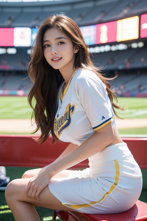 highest quality、4K、Perfect Face、Perfect Style、perfect body、Sunburn、beautiful lady、mature、long layer brown hair、Swept-back hair、full body, sexy 、charming、healthy、of the highest quality、8K、realistic photo, highest quality、4K、Perfect Face、Perfect Style、perfect body、Sunburn、beautiful lady、mature、long curly layer brown hair、Swept-back hair、sexy 、charming、healthy、smile、
(top-quality,8K picture quality,masterpiece:1.3,),(超A high resolution:1.3,Photorealsitic:1.4,Raw photography:1.2),(ultra-detailliert:1.2,shinny skin,Detailed skin:1.1),(Detailed face,Perfect Anatomy,Caustics:1.2),(Girls cheering at the stadium:1.2),(Stand seats:1.1),(Sideways face:1.2),(Shot from the side:1.2),(Facing over there:1.2),composition from the waist up,Pretty eyes,natural make up,huge smile,large boob,Oversized Baseball Uniform Shirt,White skirt,Professional Lighting,natural soft light,