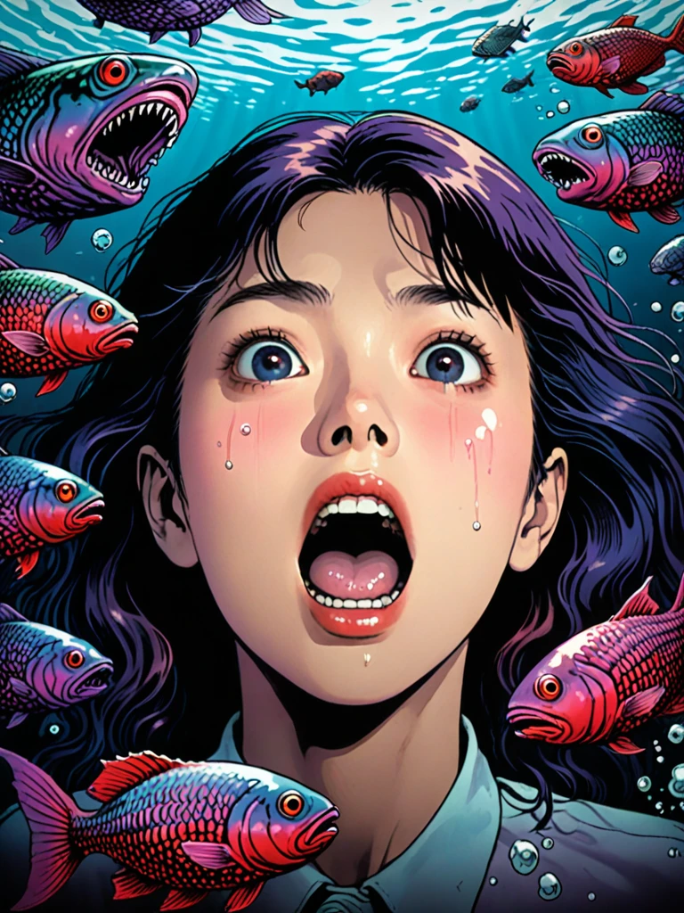 illust、art、from 80s horror movie, directed by Junji Ito、In the sea、A woman with a scared expression、Lots of strange looking deep sea fish、Lots of strange looking barnacles、Overaction、Overreaction、high detail, realsitic shadow、Analog style, vhs style, 8mm film, chromatic aberration, Dvd screengrab、Blue-purple and red-purple gradation、The woman's expression is clear