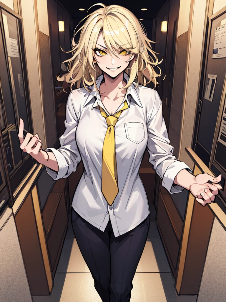 (masterpiece), best quality, expressive eyes, highres, perfect eyes, perfect face, perfect hands, 1girl, platinum blonde, messy hair, medium hair, yellow eyes, smirk, evil, Hair over eye, America, Large Bust, muscular, top down, staring at viewer, standing, dominant,  office background, Shirt, Tie, Pants,