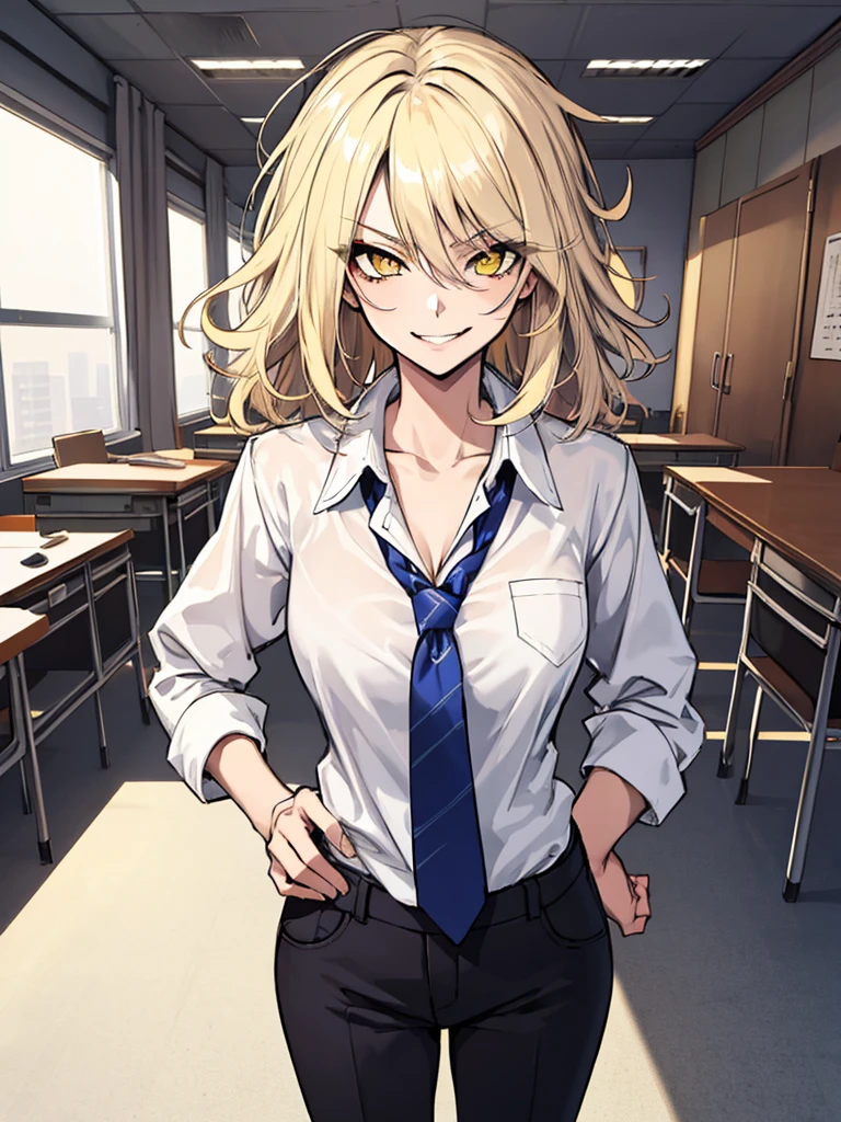 (masterpiece), best quality, expressive eyes, highres, perfect eyes, perfect face, perfect hands, 1girl, platinum blonde, messy hair, medium hair, yellow eyes, smirk, evil, Hair over eye, America, Large , muscular, top down, staring at viewer, standing, dominant, office background, Shirt, Tie, Pants,