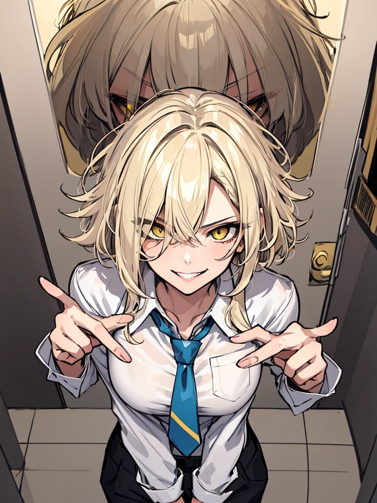 (masterpiece), best quality, expressive eyes, highres, perfect eyes, perfect face, perfect hands, 1girl, platinum blonde, messy hair, medium hair, yellow eyes, smirk, evil, Hair over eye, America, Large Bust, muscular, top down, staring at viewer, standing, dominant,  office background, Shirt, Tie, Pants,