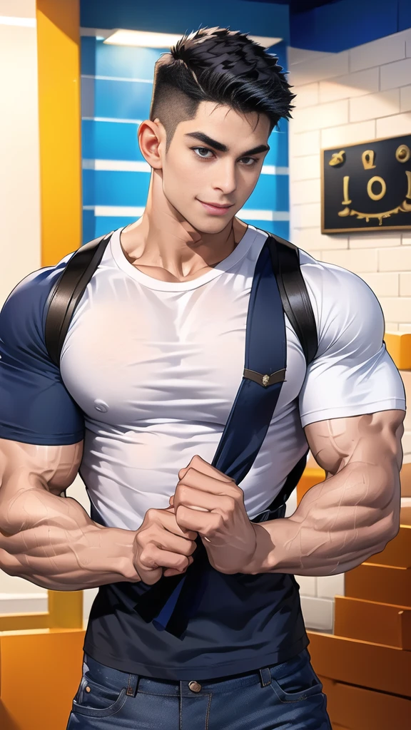 1 man,(Skinheads hairstyles) ,black eye,(Wear a fitted round neck t-shirt in navy with a police badge.:1.3),(fit neck),Navy blue jeans,(black_gloves), Korean guy,chest muscles,large arm muscles,blood vessel,Big muscles,Broad shoulders,(Carrying a black backpack:1.3),(sunglasses:1.1), smile, middle of the road,(full_shot:1.6),(In the donut shop:1.2),