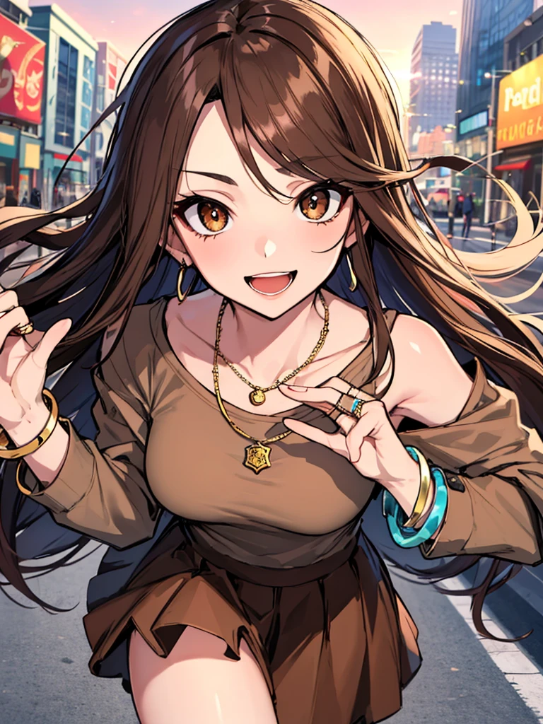 (masterpiece), best quality, expressive eyes, highres, perfect eyes, perfect face, perfect hands, 1girl, genie, zodiac, shirt over 1 shoulder, Brown shirt, long sleeves, necklace, long Brown hair, city background, headband, Brown eyes, Brown skirt, medium bust, rings, bracelets, charismatic, crazy face, crazy eyes, crazy smile, 